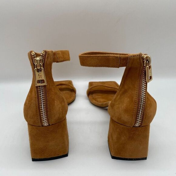 Good American Shoes Sz 5 Tan Suede Ankle Strap Heeled Sandals Block Heel Dressy - Picture 9 of 11